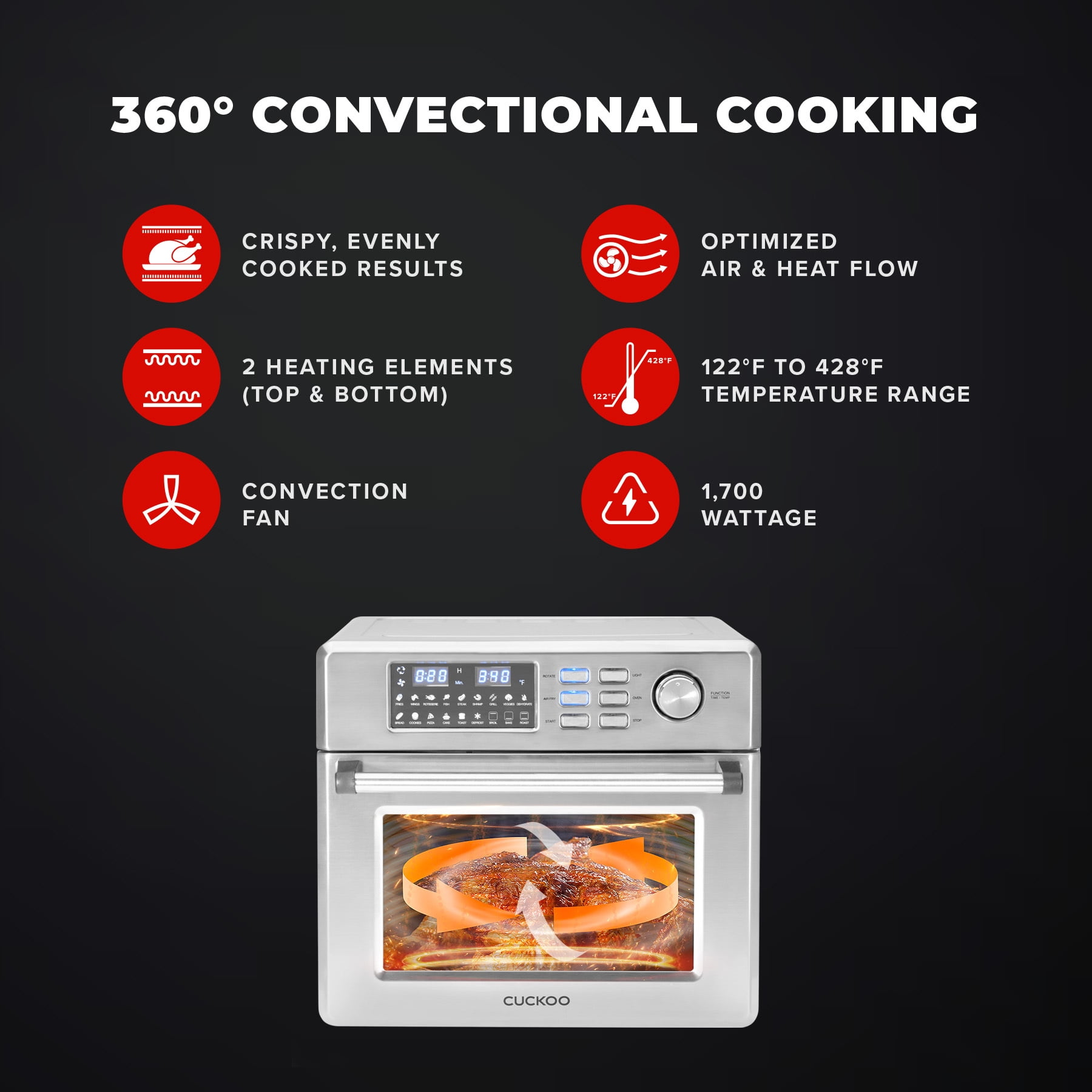 CUCKOO Air Fryer Oven, 18 Menu Modes with 360 Convectional Cooking, Includes 8 Accessories (Silver)