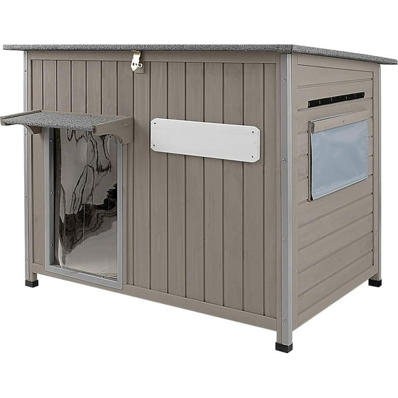 PETSCOSSET Wooden Dog House Outdoor Kennel - Asphalt Roof, Ventilated - Medium, Gray