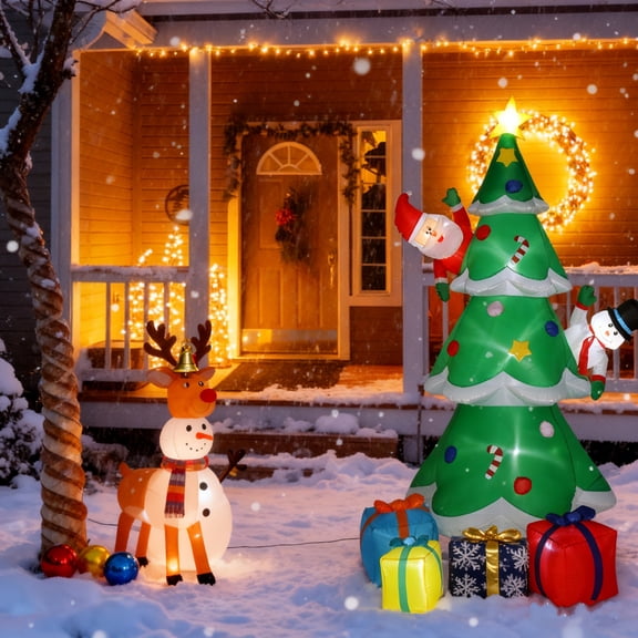 iCapeson 8ft Inflatable Christmas Tree with Snowman & Santa, LED Lighted Blow Up Outdoor Yard Decor, Giant Christmas Inflatables with Gift Boxes for Garden Lawn Holiday Decoration