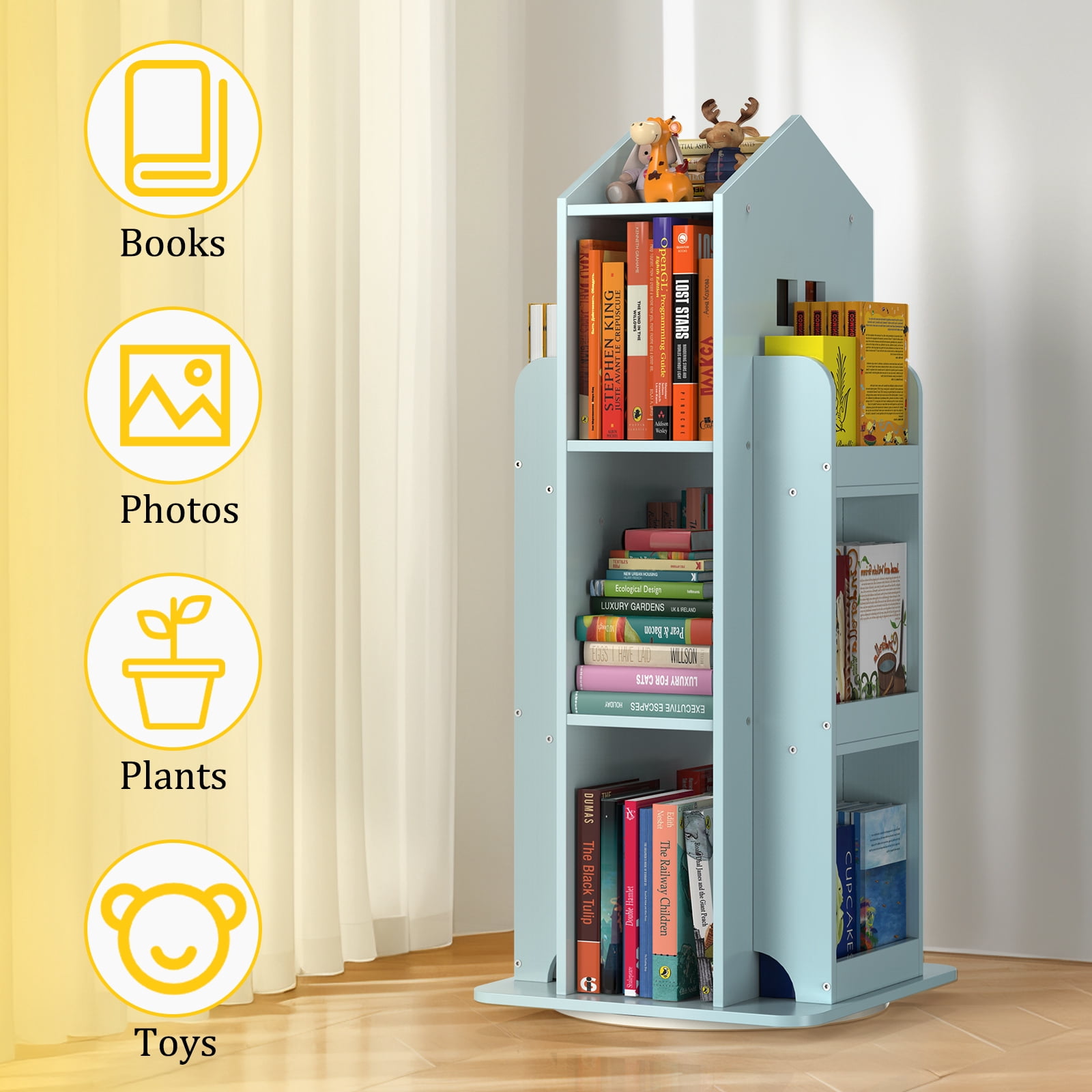 360° Rotating Kids Bookshelf, Blue Engineered Wood House-Shaped Bookcase, 38in Tall Storage Organizer for Bedroom, Playroom, Living Room