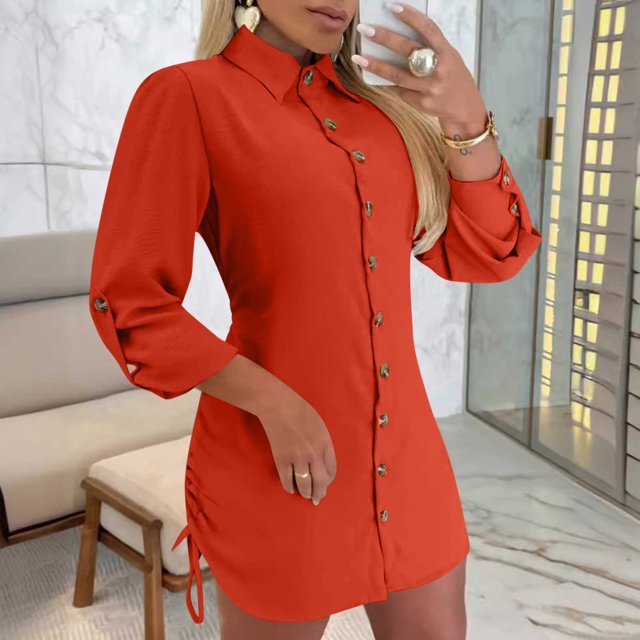 Gspmoly Robes pour Femmes, Robe Chemise à Manches Longues Unie avec Col Boutonné et Cordon de Serrage des Deux Côtés, Robes Formelles pour Femmes, Offres de Vacances