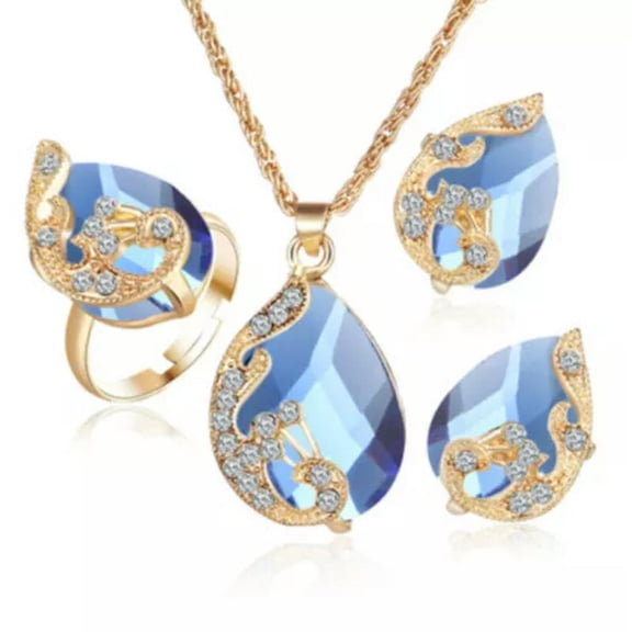 QQTDFG 18K Gold Plated Crystal Peacock Necklace Earrings Rings Set Women Jewelry Gift-#Blue