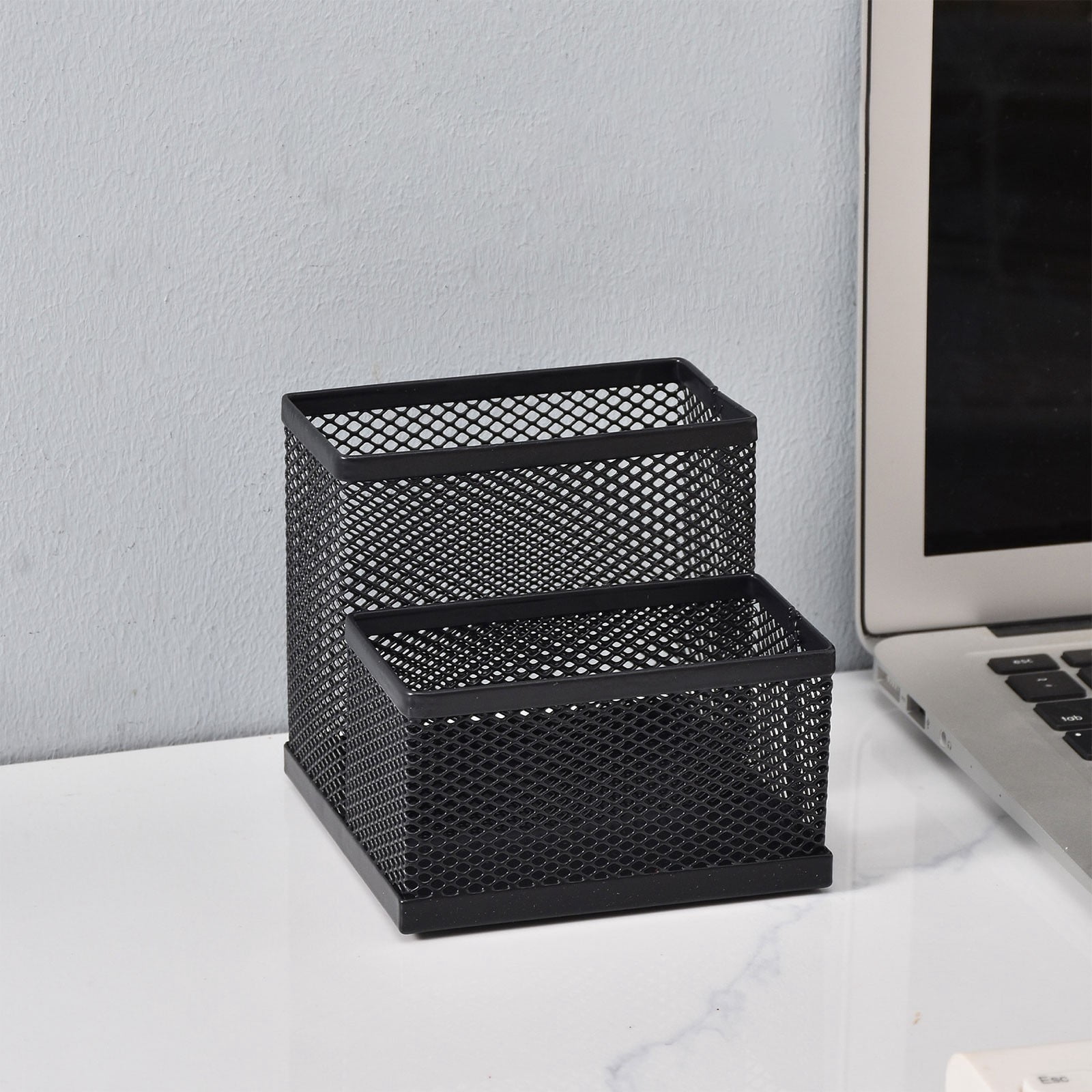 Metal Desk Organizer with 2 Compartments, Black Mesh Pen and Stationery Holder, Compact 10.5x10.5x9 cm for Home, School, Office Supplies