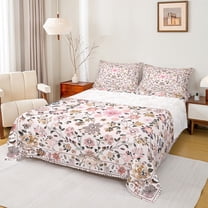 Feelyou Pink Flower Women Twin Sheet Sets, Vintage Boho Floral Twin Fitted Sheet, Mandala Cherry Blossoms Flat Sheet, Ultra Soft Bedroom Decor, 3 Pieces