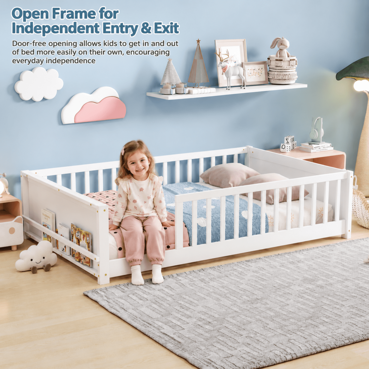 Miniyam Full Size Kids Floor Bed with Guardrails and Bookshelf, Wooden Low Profile Bed, White