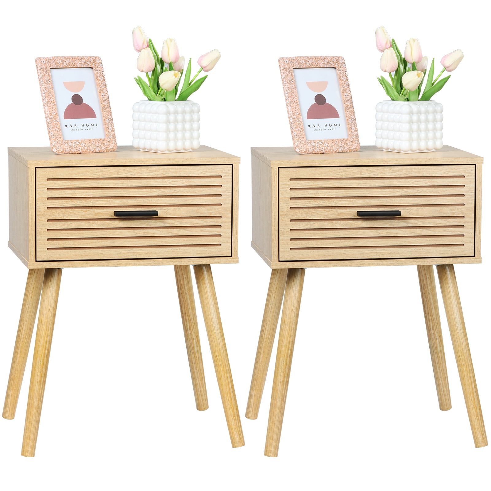 KATHY&BOB Striped Grooved Nightstand Set of 2, Bedside Table with Wood Storage Drawer, End Table for Bedroom, Natural