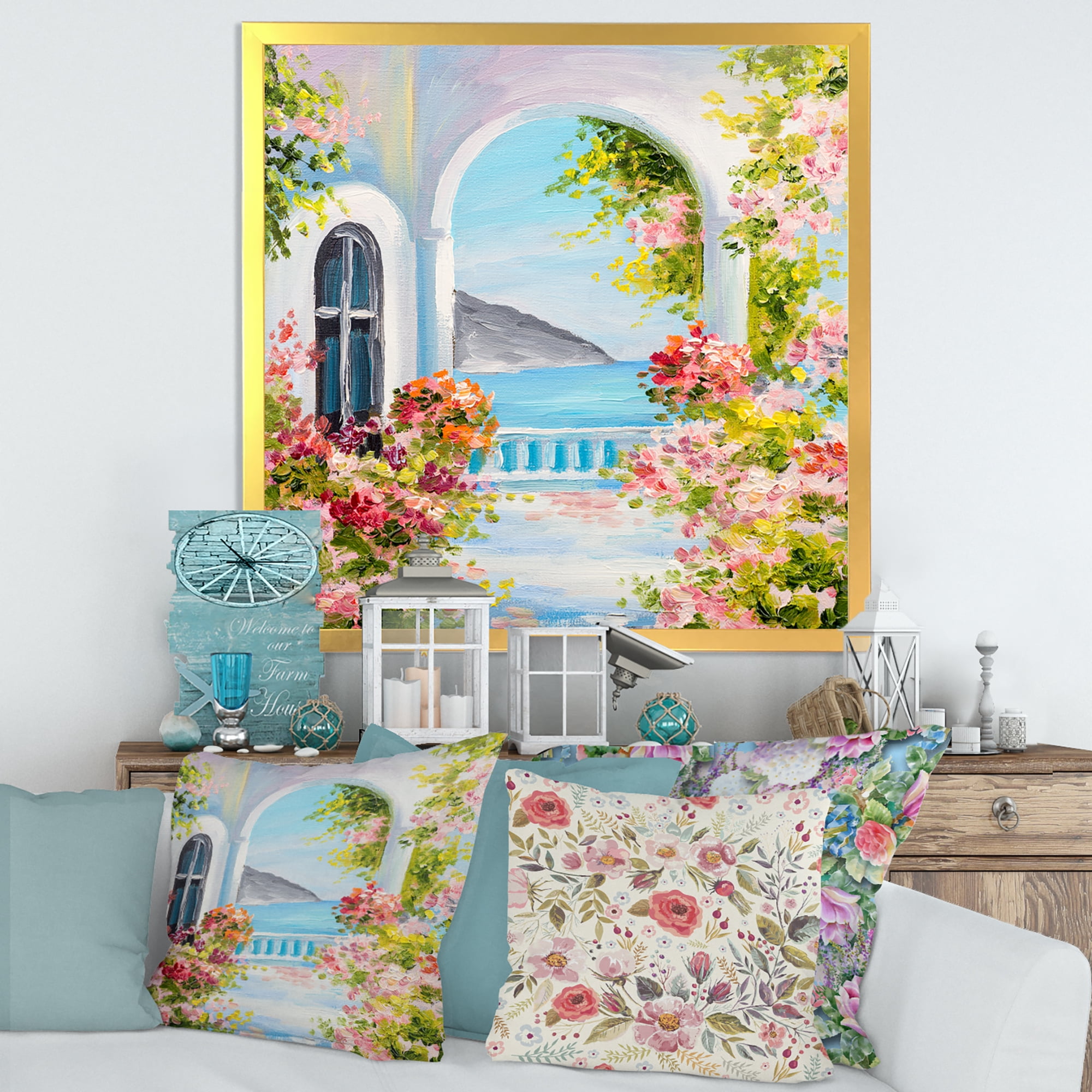 Designart 'Pink Flowers With Traditional Greek House' Nautical & Coastal Framed Art Print