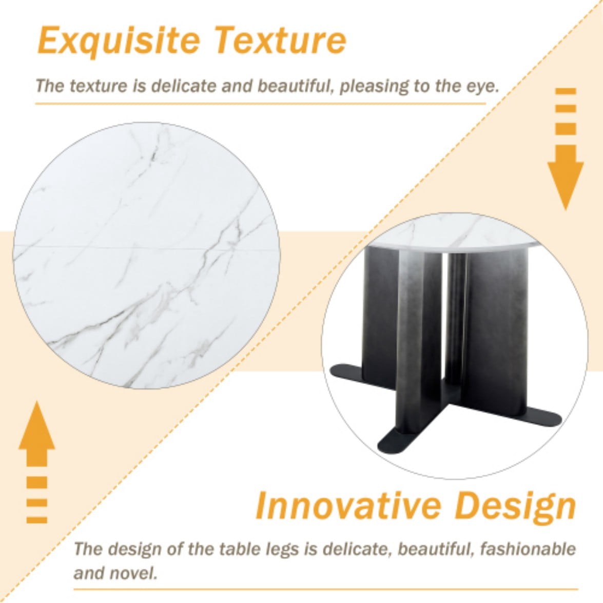 Round White Marble Dining Table, Modern MDF Kitchen Table for 2-4 People, Gradient Cross Base, Compact Table for Small Spaces, White & Black