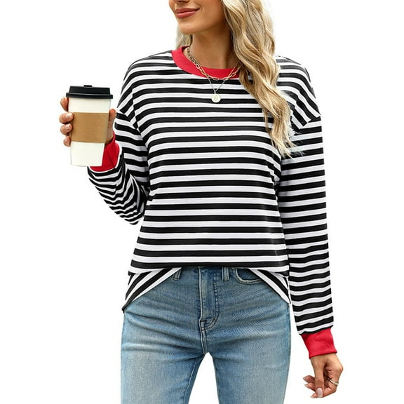 New Women Striped Print Long Sleeve T-Shirt Pullover Cute Tops