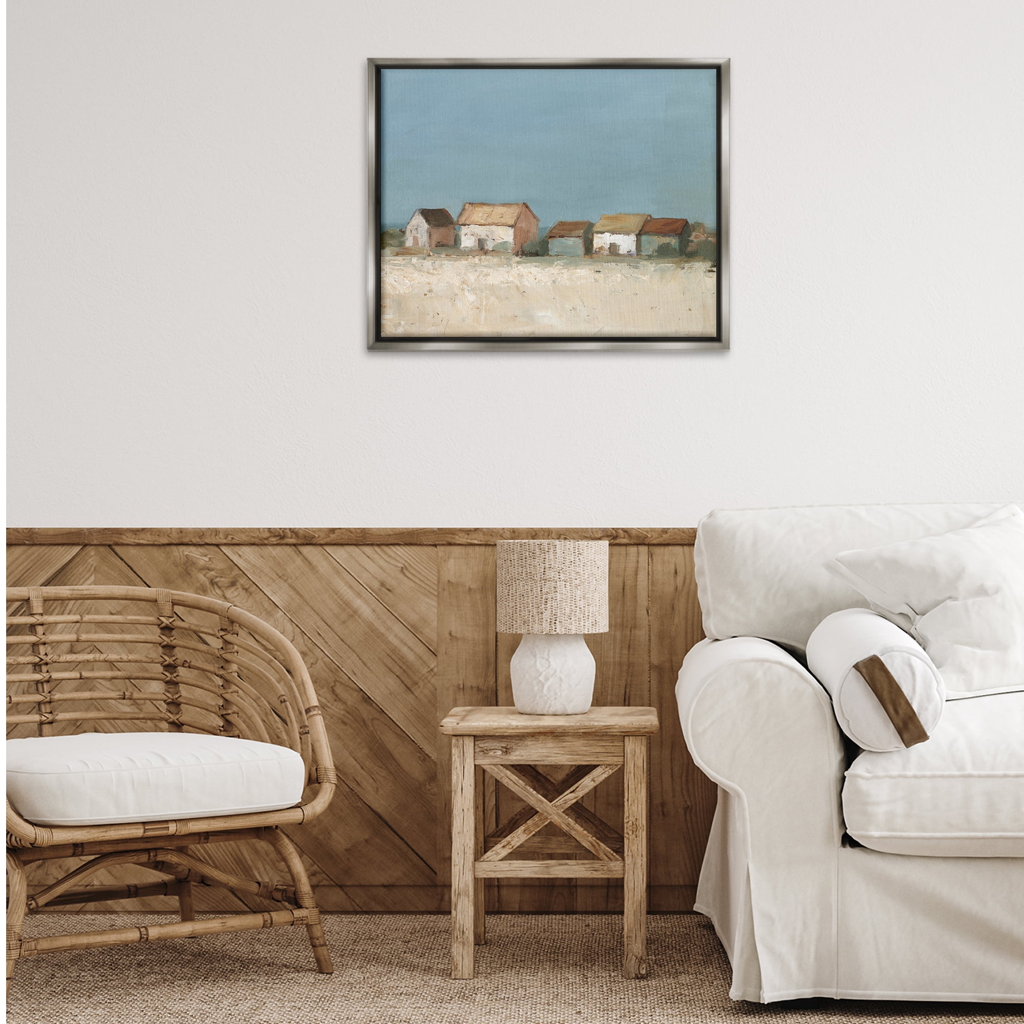 Stupell Industries Distant Town House Landscape & Nature Painting Gray Floater Framed Canvas Art Print Wall Art, 31 x 25