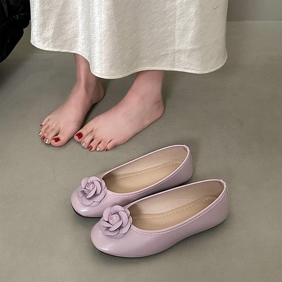 CQONEPT Ballet Flats for Women Flats Round Toe Slip On Dress Shoes Shallow Mouth Comfortable Flower Flats Shoes Work Office Shoes Purple 39