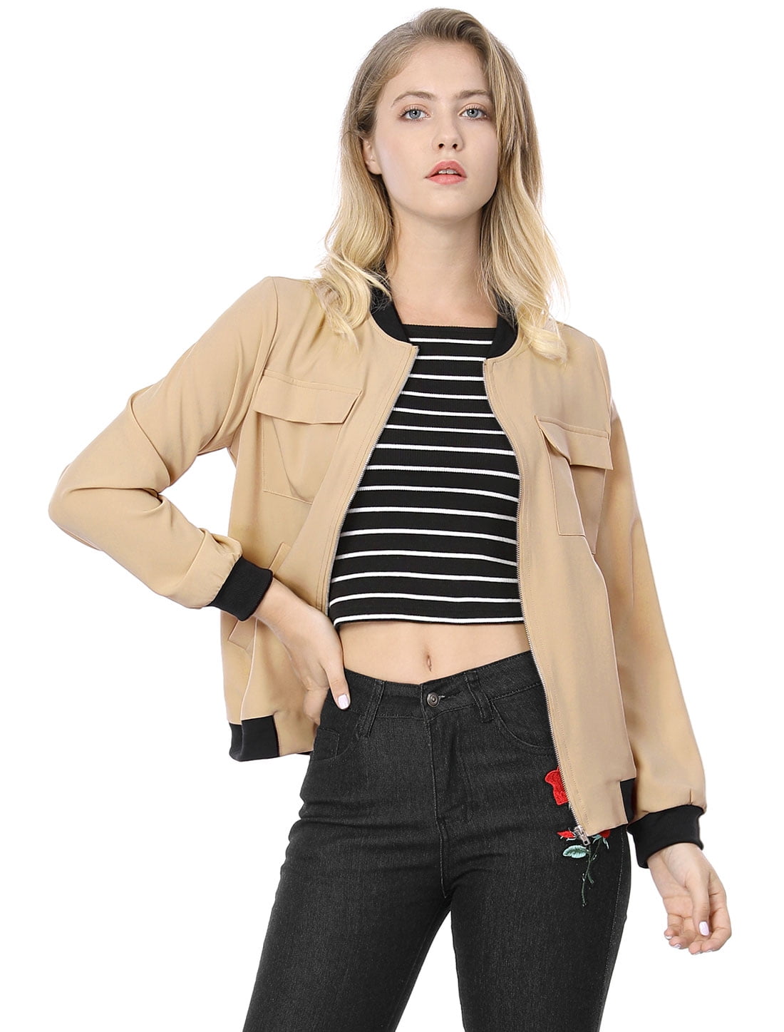 Unique Bargains Women Multi-Pocket Zip Fastening Lightweight Bomber Jacket Beige XL | Walmart Canada