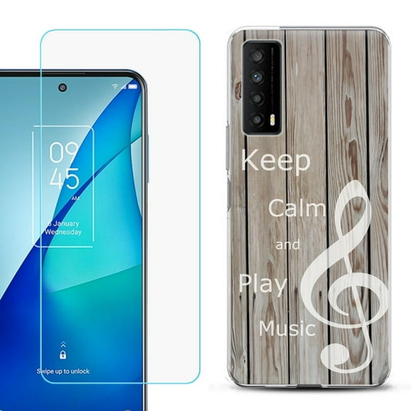 Slim-Fit Gel TPU Phone Case for TCL Stylus 5G, with Tempered Glass Screen Protector, by OneToughShield ® - Wood/Music