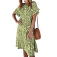 thumbnail image 3 of Femmes Polka Dot Taille Haute Boutons de Fermeture Col Rond Volants Manches Courtes Midi Robe, 3 of 7