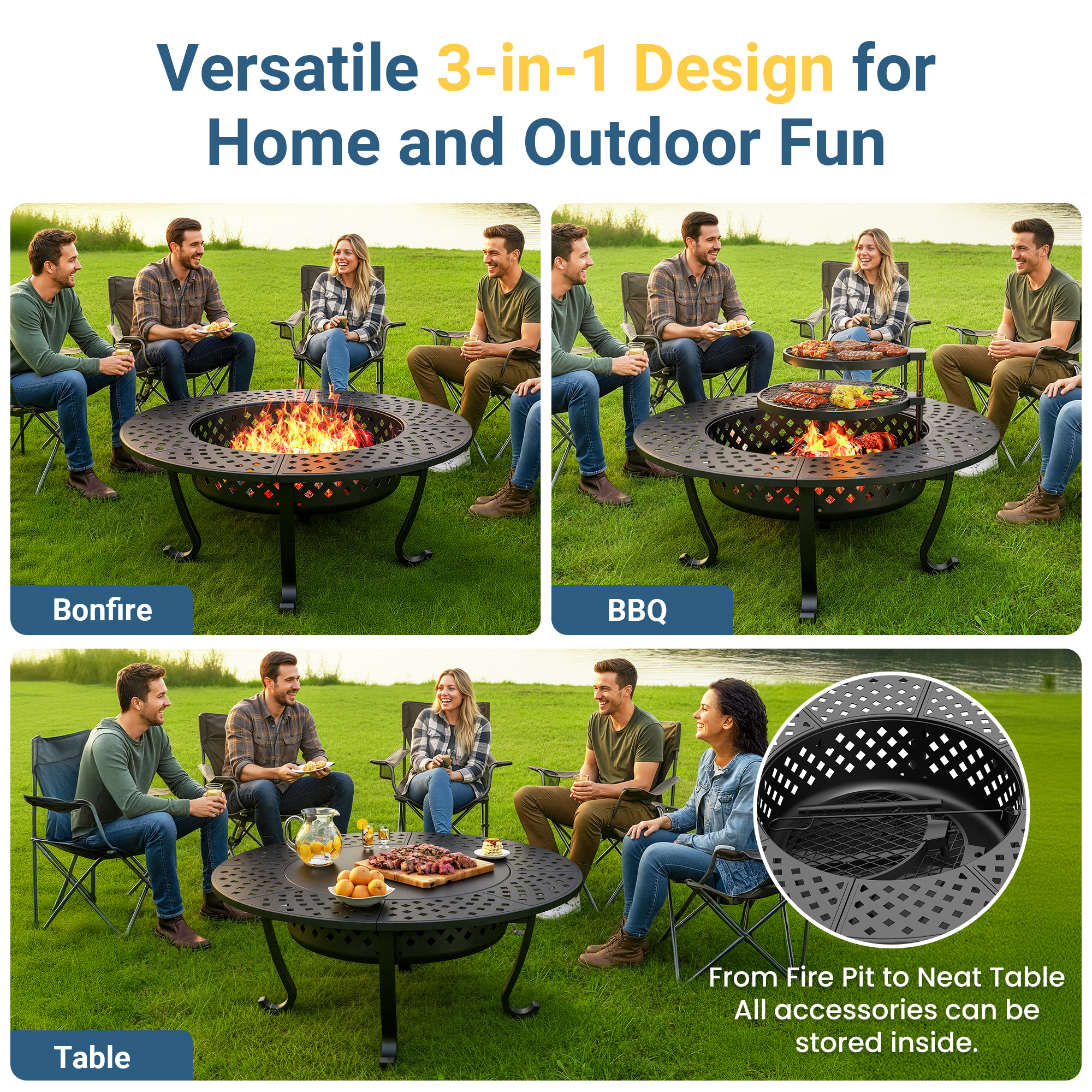 May in Color 43'' Fire Pit with 2 Grills, Outdoor Wood Burning Fireplace with Lid and Fire Poker, BBQ & Bonfire & Round Metal Table 3 in 1 for Patio, Backyard, Garden, Black