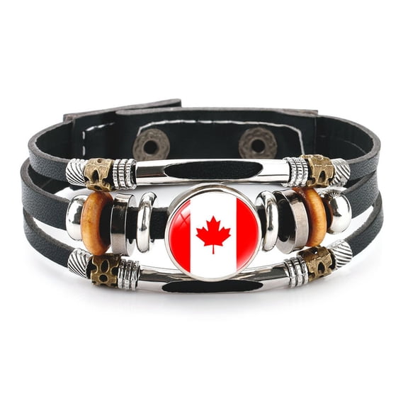 Uijokdef Country Flag Leather Bracelet, Multi-Layer Black Cowhide Design, 7.87 Inches