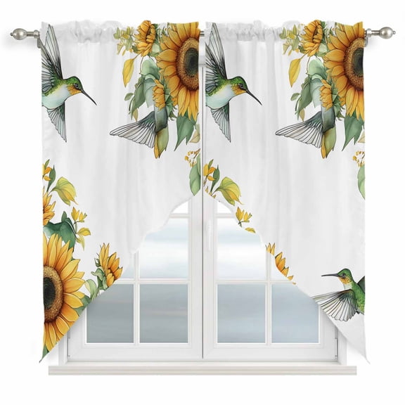 Swag Valance Curtains for Windows, Sunflower Light Filtering Kitchen Curtains with Rod Pocket, Summer Flowers Hummingbird Retro Decorative Window Treatment Valances for Living Room, 36x45 - 2 PCS