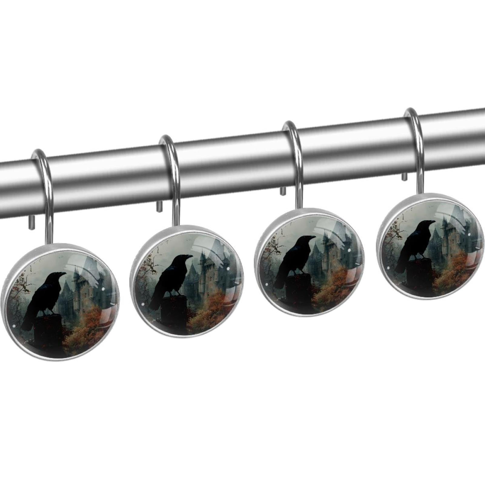 Crow on Stump Castle Shower Curtain Hooks Round Crystal Glass, Set of 12 Shower Curtain Rings - Shower Hooks for Curtain Shower Rings