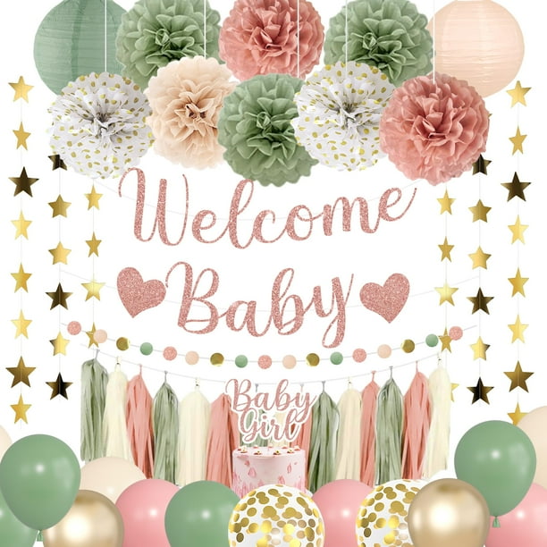 Decoraciones para baby shower Amandir Girl, rosa y verde salvia