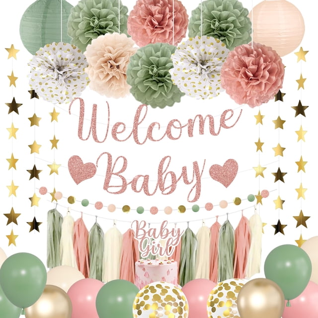 Decoraciones para baby shower Amandir Girl, rosa y verde salvia