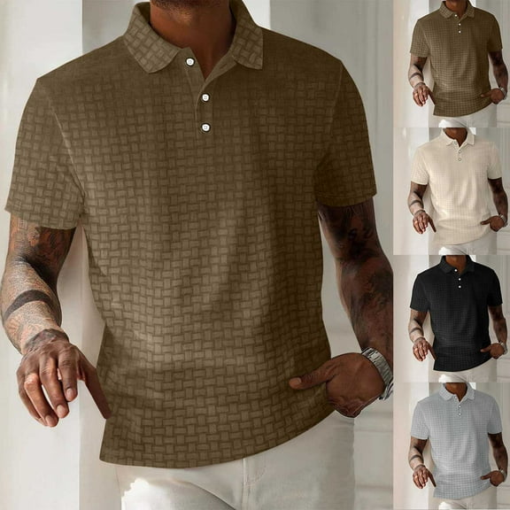 BiZtdJrK Solid Collared Shirts for Men Waffle Knit Short Sleeve Textured Polos Shirt Regular Fit Business Tshirts Black L