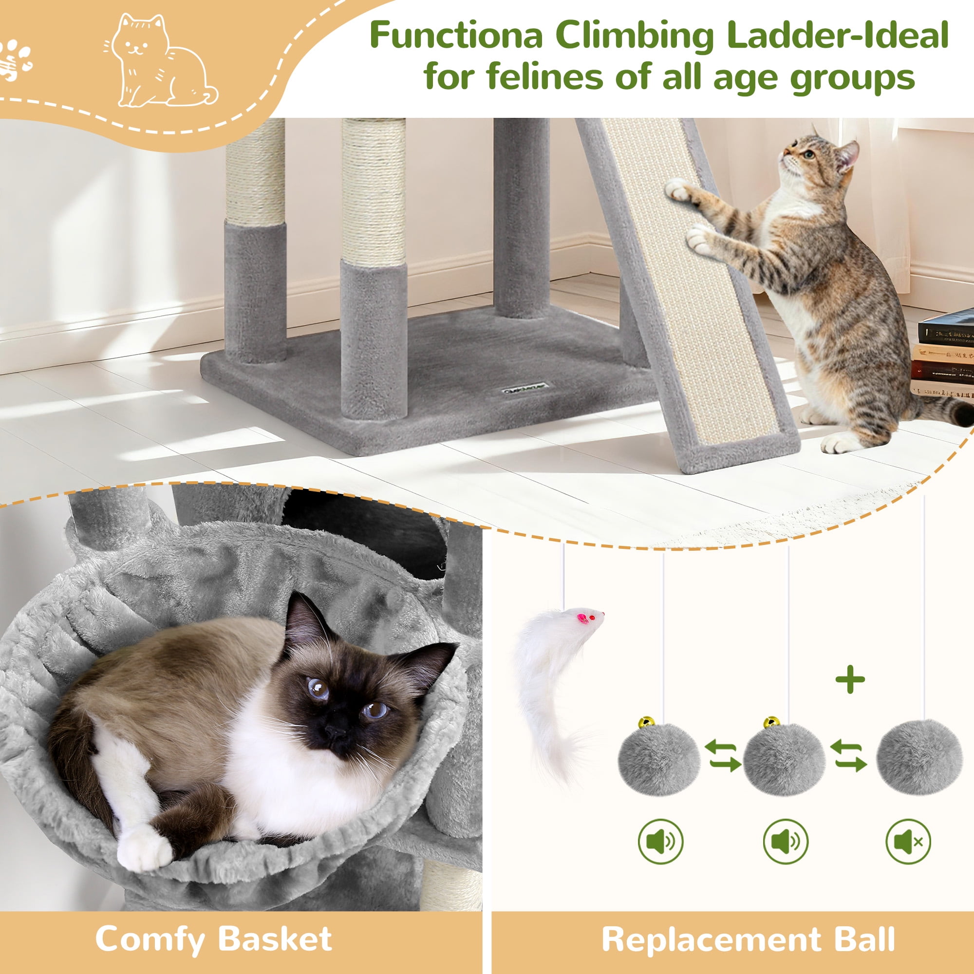 Globlazer 83'' Multi-Level Large Cat Tree Tower for Indoor Cats with Sisal Scratching Post, Hammock & 2 Condos,Light Gray Globlazer 83'' Multi-Level Large Cat Tree Tower for Indoor Cats with Sisal Scratching Post, Hammock & 2 Condos,Light Gray - Image 7