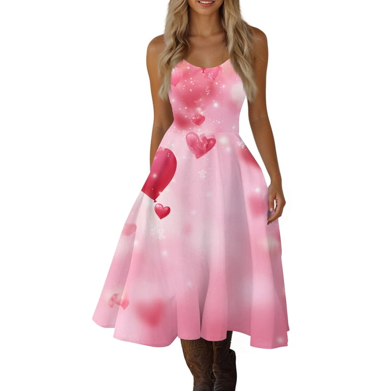 Valentines Day Sleeveless Vintage Dress Heart Print Pattern Casual A-line  Midi Summer Dresses Purple Pink S - Walmart.com