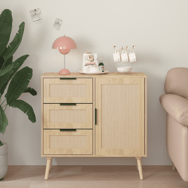 Storage Cabinet with Rattan Door & 3 Drawers, Rattan Cabinet with Adjustable Shelf, Entryway Cabinet, Small Storage Cabinet, Accent Cabinet for Living Room, Dining Room, Entryway