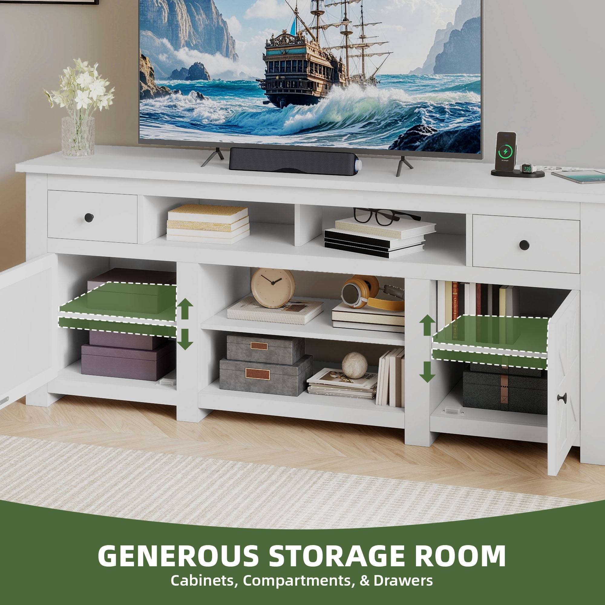 Uforic 70 Inch TV Stand for 75/80 Inch TV with 2 Drawers, 4 Open Compartments & Built-In Power Outlet, Floor Mount Wooden TV Console, White
