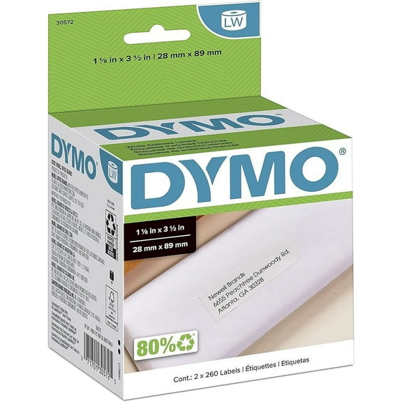 DYMO LW Mailing Address Labels for LabelWriter Label Printers, White, 1-1/8'' x 3-1/2'', 2 Rolls of 260 (30572)