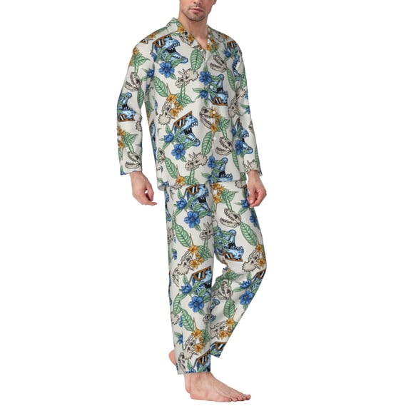 Mens Pajamas Set - Fun Dinosaur Head Comfy Long Sleeve Button Up Pajama Sets for Men 2 Piece, Soft Sleepwear Nightwear Pjs Lounge Sets for Men with Pockets
