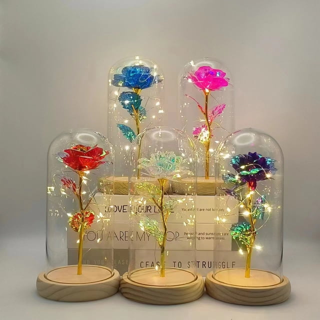 Adornos de luz nocturna con flores eternas, simulación de hojas de oro rosa, regalo de San Valentín de Tanabata