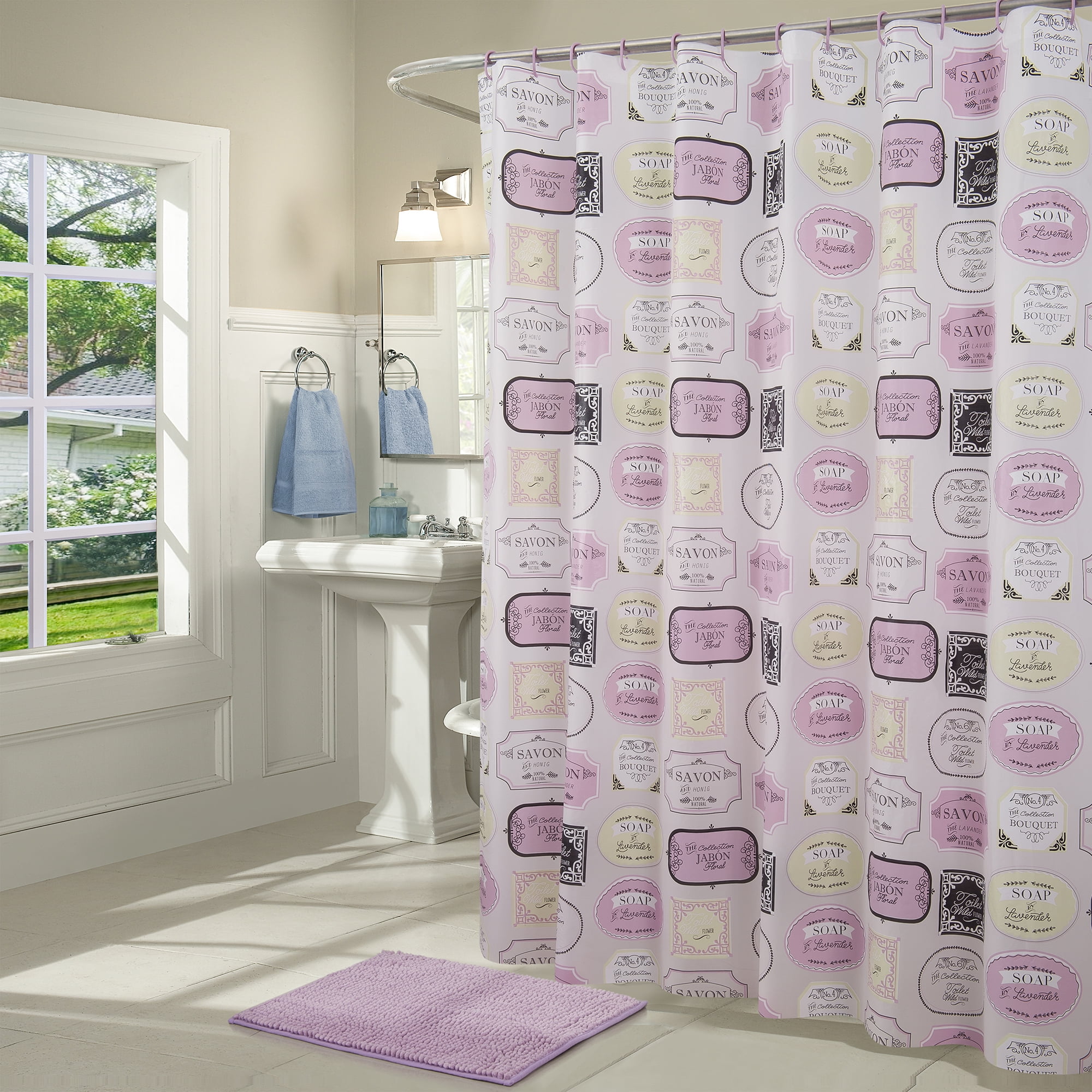 Pink Sequin Shower Curtain Liner Waterproof Polyester Fabric Bathroom Hooks Mat 