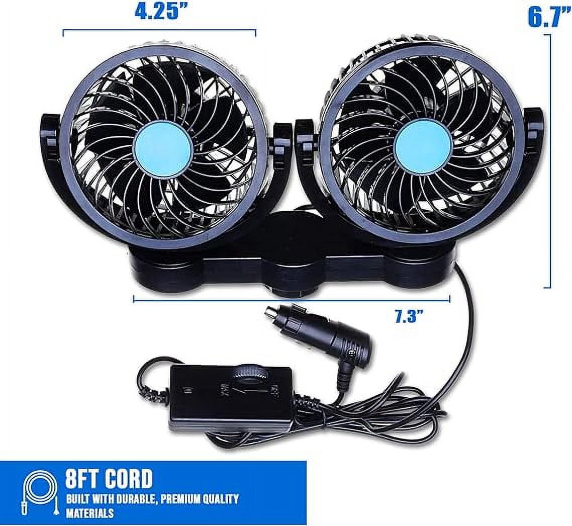 Car Cooling Air Fan 12V- Zone Tech 12V Dual Head Car Auto Electric Cooling Air Fan for Rear Seat - Powerful Quiet 2 Speed 360 Degree Rotatable 12V Ventilation Rear Seat with Kids Safe Design - image 4 of 5