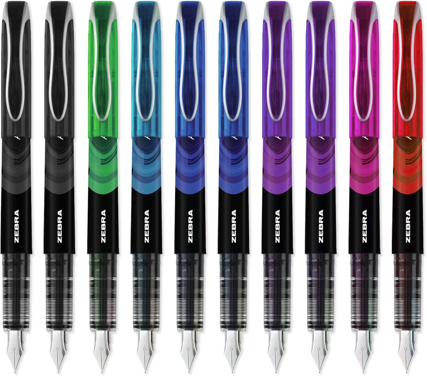 Zebra Fuente - Disposable Fountain Pen - Coloured Ink - Pack of 10 - Includes Pink/Blue Striped Pencil Case