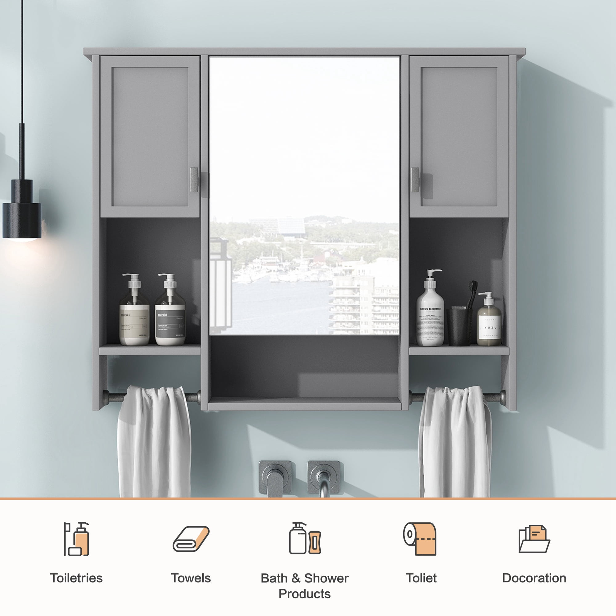 Euroco Wall Mounted Bathroom Mirror Cabinet with Triple Doors – Concealed Storage, Modern Design, Durable Construction, Easy Assembly