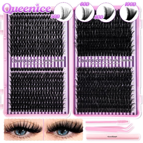 DIY Lash Extension Kit, Cluster Individual Eyelashes Set 9‑16mm, Wispy Natural Lashes with Bond & Seal
