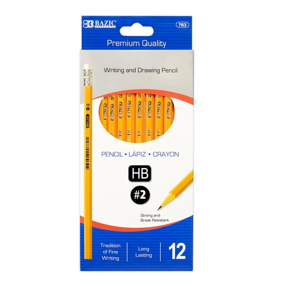 BAZIC #2 HB Premium Wood Pencils, Latex Free Eraser, (12/Pack), 1-Pack