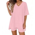 thumbnail image 3 of LIaqionyy 2 Piece Sets for Women Summer Lounge Short Sleeve Oversized V Neck Shirt Biker Shorts Outfits Set, 3 of 7