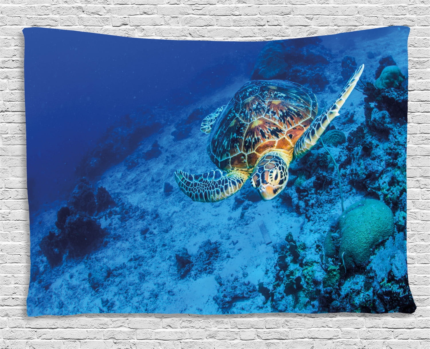 Turtle Tapestry Oceanic Wildlife Themed Photo Of Sea Turtle In