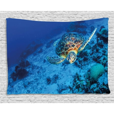 Turtle Tapestry Oceanic Wildlife Themed Photo Of Sea Turtle In Deep Blue Waters Coral Reef Hawaiian Wall Hanging For Bedroom Living Room Dorm Decor