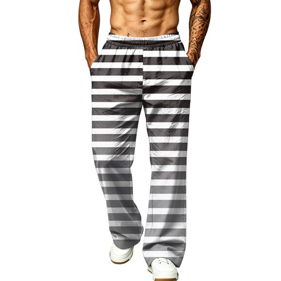 LTTVQM Men's Casual Street Trousers Mixed Media Horizontal Stripe Adjustable Waistband Casual Wide Leg Athletic Full Length Trousers White M