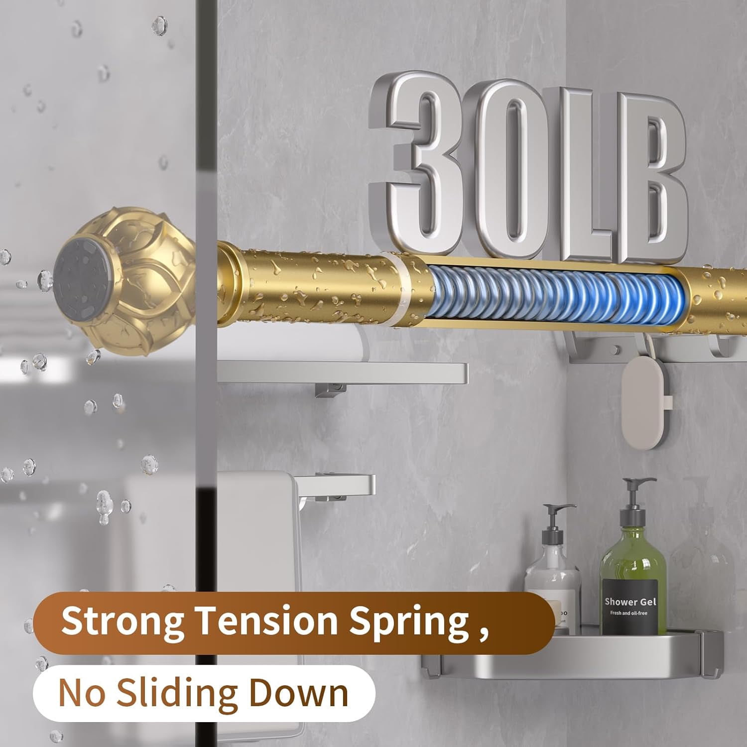 TRAHOO-Gold Tension Shower Curtain Rod 36-84 Inches(3-7Ft), Adjustable Spring Tension Shower Rod, No Drill Never Rust Non-Slip Shower Rod for Bathroom