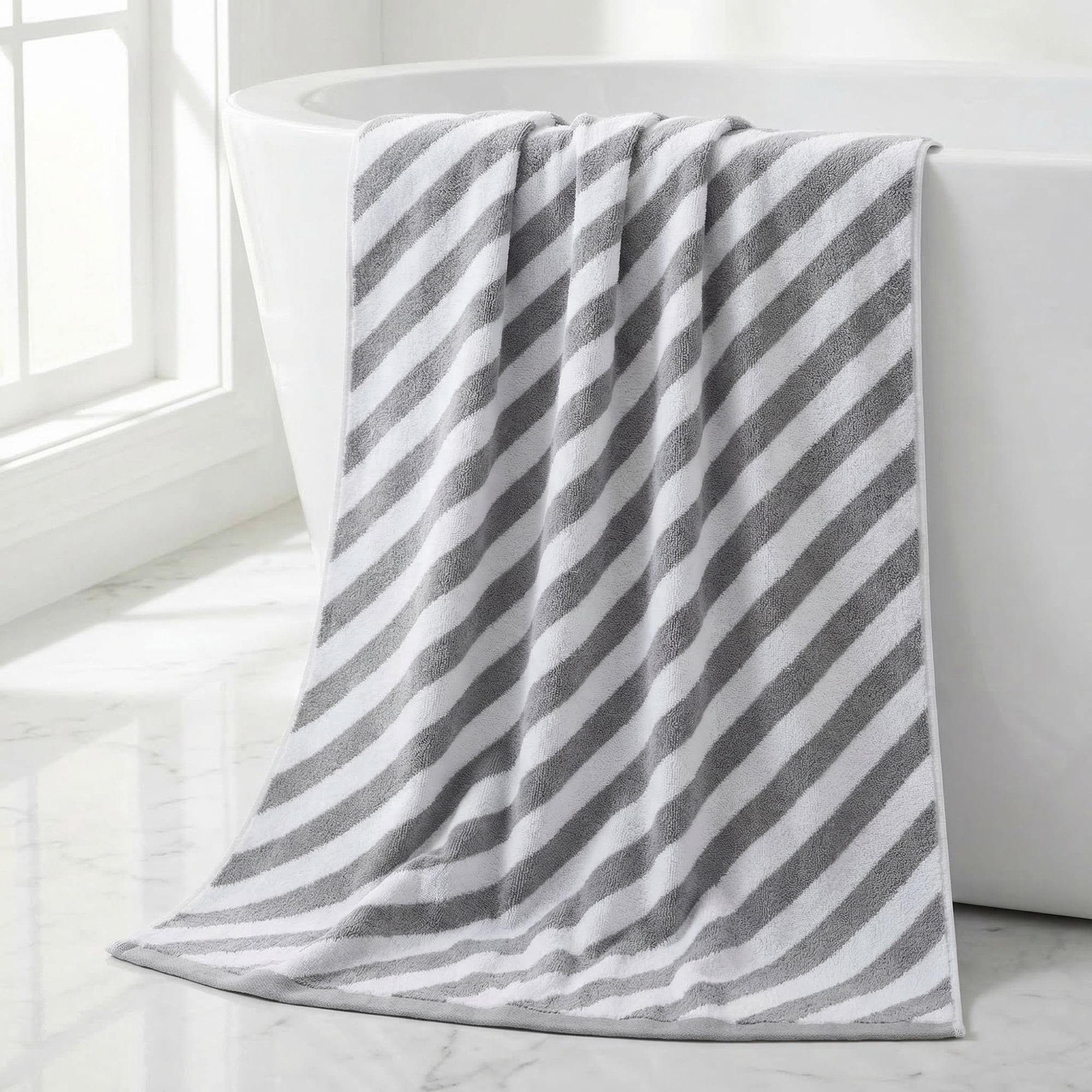 Unique Bargains Striped Absorbent Quick Dry Cotton Bath Towe 2 Pack Grey 55"x28"