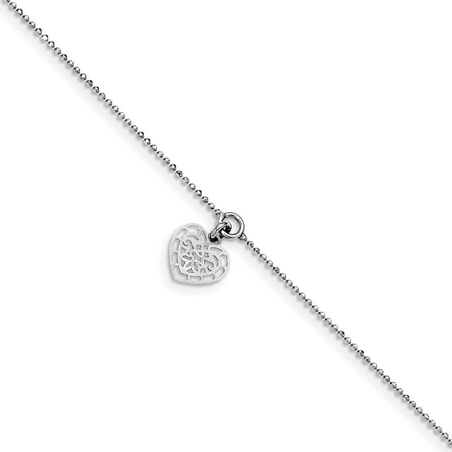 925 Sterling Silver Rhodium-Plated with Heart Charm Chain Anklet with 0.5in Extender Length
