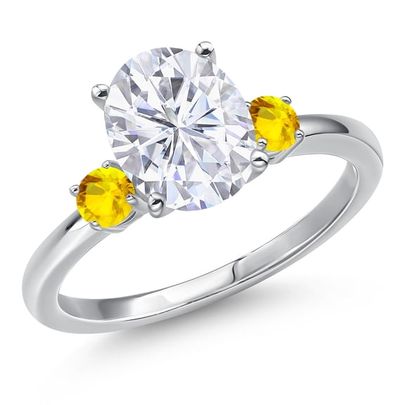 Gem Stone King 14K White Gold White Moissanite and Yellow Sapphire Engagement Ring for Women | 3.27 Cttw | Oval 10X8MM | Gemstone Birthstone | Size 6
