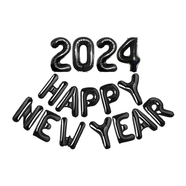 Yuarrent Globo de Feliz Año Nuevo no fácil de reventar para decoración duradera, papel de aluminio para exteriores, colgante de pared, 2024 Kits de decoración para fiestas Negro