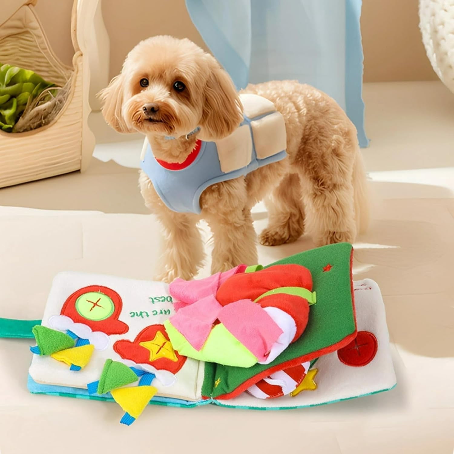 Dog Snuffle Book Toy, Interactive Treat Puzzle Toy for Dogs, Crinkle Slow Feeder Sniffing Toy with Hidden Pockets, Soft Plush Dog Enrichment Toy for Mental Stimulation, Boredom Relief and Indoor Play