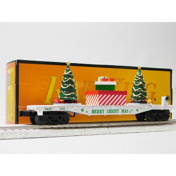 MTH RAILKING CHRISTMAS FLATCAR WITH LIGHTED CHRISTMAS TREES O GAUGE 30-76944 (WHITE)