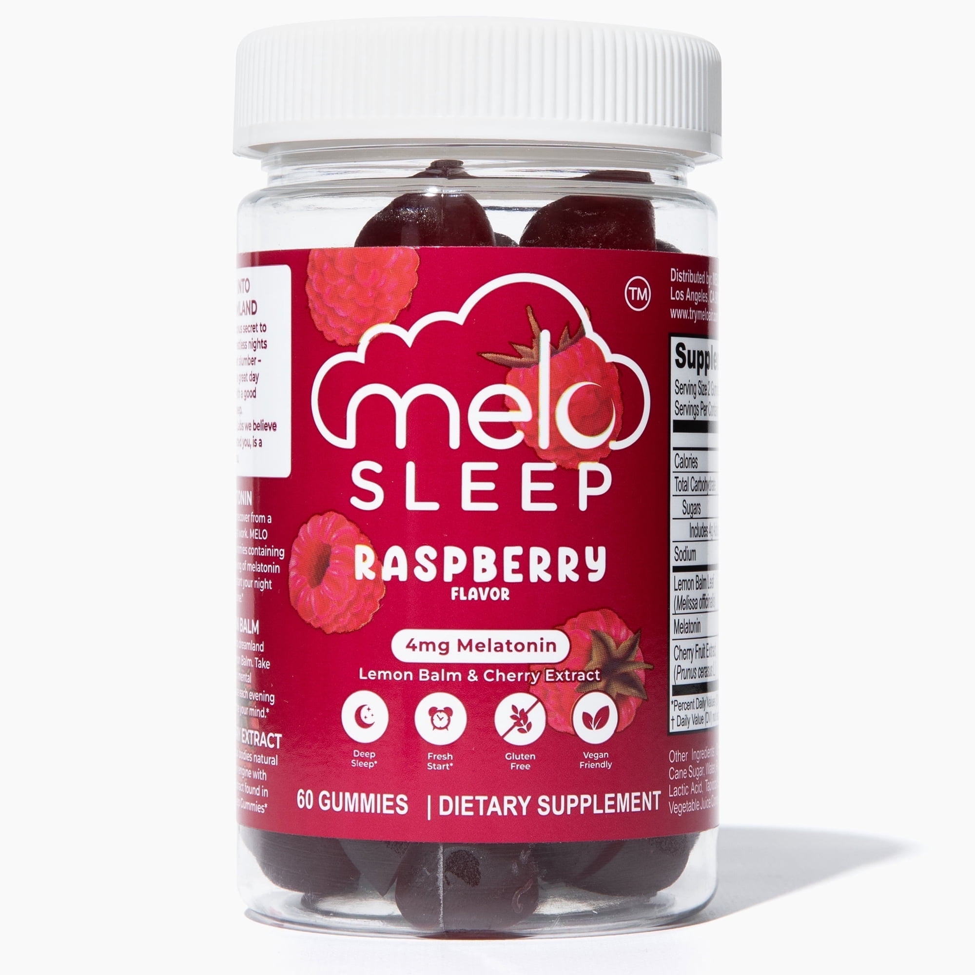MELO Raspberry Sleep Gummies – 60 ct, 2 mg Melatonin per Gummy (4 mg per Serving) – Low Sugar, Gluten-Free, Soy-Free Sleep Aid with Lemon Balm, 30 Servings